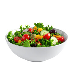 Fresh vegetable salad featuring lettuce, tomatoes, cucumbers, olives, and bell peppers in a white bowl.