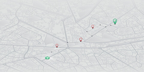 GPS navigation to pins and multiple markers on route. Cty map featuring directional signs, an intended goal point. Abstract plan highlights. Vector illustration