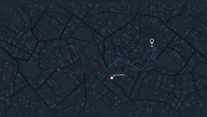 Map navigation. Route planning, Location tracking geolocation. Abstract city map with GPS pin. Urban streets with marked path. Vector illustration