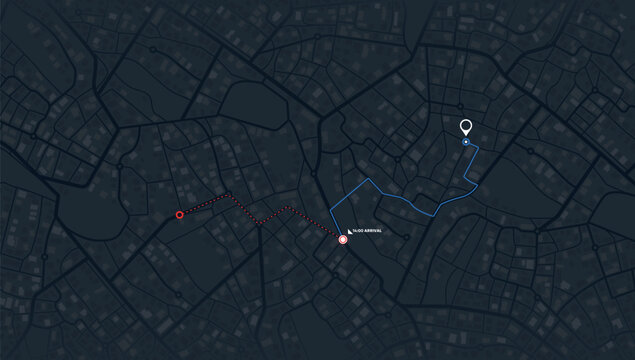 Map navigation. Route planning, Location tracking geolocation. Abstract city map with GPS pin. Urban streets with marked path. Vector illustration