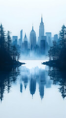 Obraz premium Misty city skyline reflected in a calm lake, framed by evergreen trees