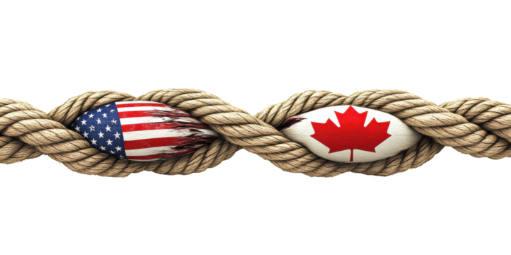 USA and Canada flags intertwined in thick rope symbolizing strong international relations