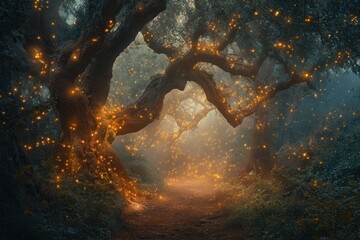majestic trees with glowing lights at dusk in enchanted forest. magical atmosphere with golden sparkles. nature fantasy. perfect for fantasy book cover, poster, wallpaper.