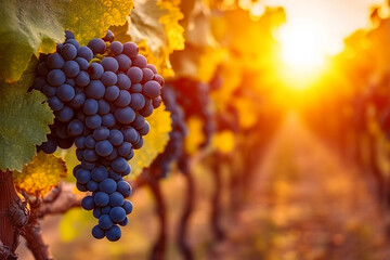 Grapes ripening in vineyard during sunset in autumn harvest season in rural landscape