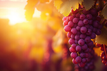 Grapes ripening in vineyard during sunset in autumn harvest season in rural landscape