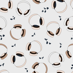 Seamless pattern with over-ear headphones with large ear pads. Hand drawn doodle headphones, musical note, star, heart shapes
