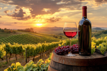 Sunset over vineyards with wine bottle and glass displaying vibrant grapes