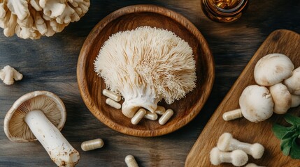 Lion's mane mushroom with capsules and other mushrooms on wooden background.