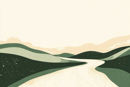 Fototapeta abstract landscape with winding road through green hills under clear sky. minimalist art capturing serene nature and journey concept. print design, wall art, posters.