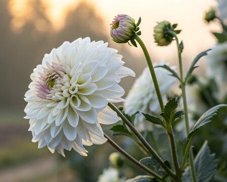 White dahlia flower in full bloom with buds in garden field at sunset
