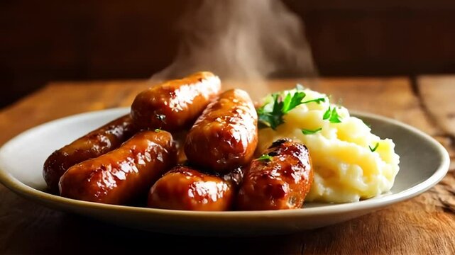 Golden Brown Sausages with Steaming Mashed Potatoes Garnish with Parsley on Plate Warm Lighting and Rustic Wooden Table in Close Up