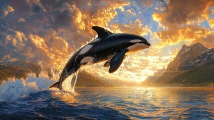 Orca leaping at sunset over a mountain lake