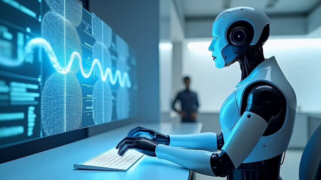 Futuristic robot interacts with AI software interface
