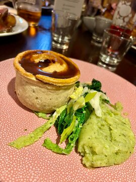 Pie with Seasonal Greens on Plate at The Gomshall Mill Sunday Autumn Winter Surrey Shere Albury Guildford Food