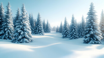 Fototapeta premium Winter wonderland. A serene snow-covered forest bathed in sunlight