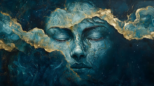 Cosmic female face,  deep blue and gold abstract artwork.