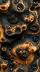 Abstract organic patterns in dark and amber tones, resembling a textured surface of wood or a mineral