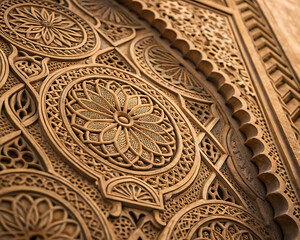 Intricate wood carving featuring concentric floral mandala motifs in warm brown 