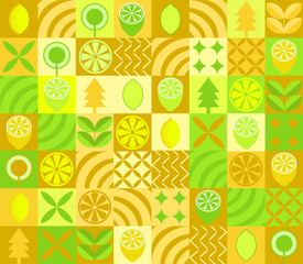 Lemon minimalistic geometric background. Vector abstract style pattern. Bauhaus trend. Abstract illustration of lemon, leaves, symbols. Simple icon.	
