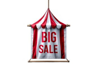 Promotional banner featuring a bold "BIG SALE" message in red lettering. Png, Transparent background.
