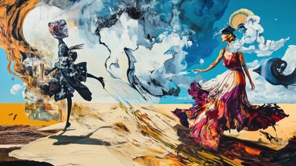Abstract representation of two figures in a surreal landscape, showcasing movement and emotion amidst vibrant colors