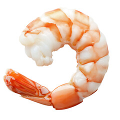 Boiled headless shrimp with appetizing pale pink color. Single steamed prawn, PNG isolated object with transparent background
