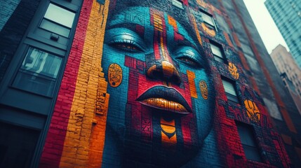 Vibrant Urban Mural Featuring a Colorful Abstract Face Design