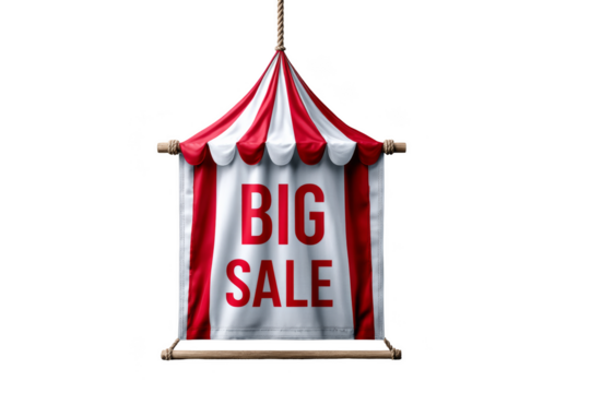 Promotional banner featuring a bold "BIG SALE" message in red lettering. Png, Transparent background.