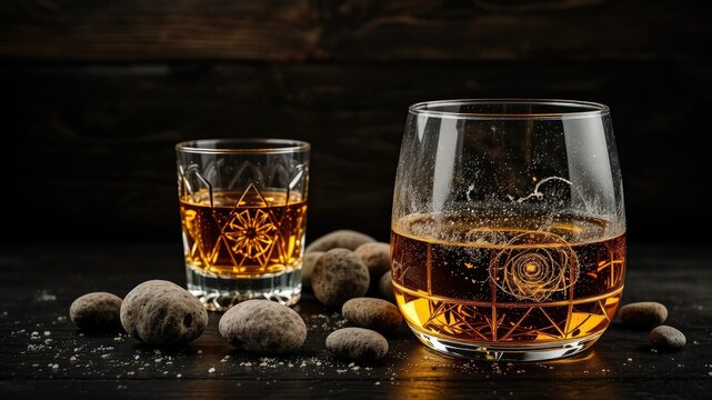 Chilling Whiskey Stones on Dark Wood, Tulup Glasses