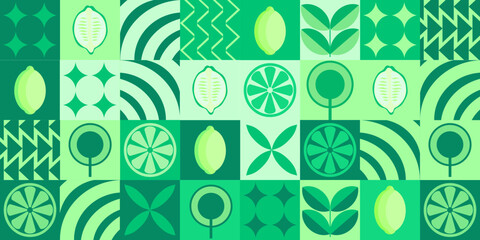 Lemon minimalistic geometric background. Vector abstract style pattern. Bauhaus trend. Abstract illustration of lemon, leaves, symbols. Simple icon.	
