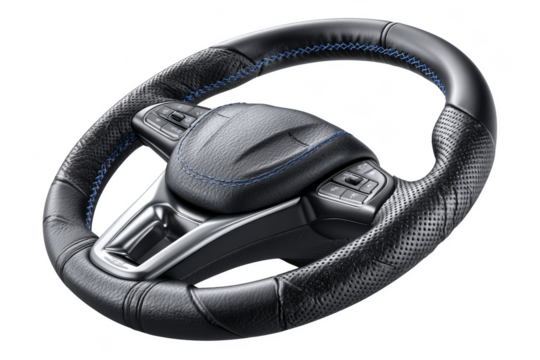 Steering wheel with textured design and integrated controls. Png, Transparent background.