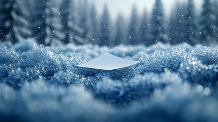A white paper rests on a snowdrift, amidst a blurred winter forest background with falling snow