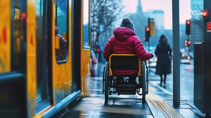 Naklejka premium Person in wheelchair boarding a public transit vehicle on a rainy day.