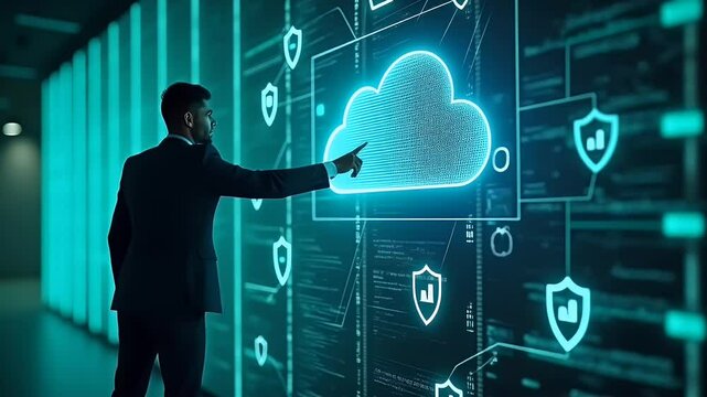 Man interacting with cloud security system on screen.
