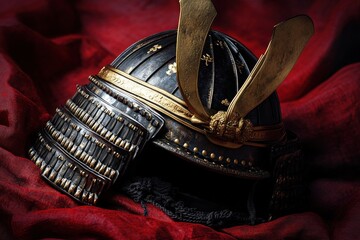 Intricate, antique samurai helmet on crimson cloth.