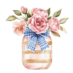 Bouquet of roses in glass jar tied with blue coquette bow, watercolor illustration. Garden flowers, png isolated object with transparent background. Poster, print, card. Birthday, Mother's Day	
