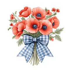 Obraz premium Red poppy flower bouquet tied with coquette bow, watercolor illustration. Png isolated object with transparent background. Elegant floral poster, print, card. Birthday, Mother's Day 