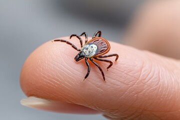 Obraz premium Engorged tick crawling on human finger, close-up showing parasite crawling on skin and detail of dangerous arthropod