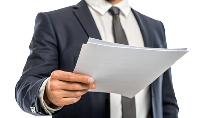 businessman holding a papers isolated
