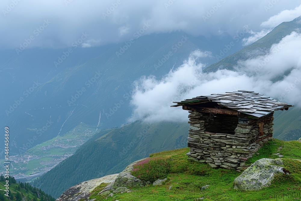 Poster scenic mountain view with a rustic stone structure and foggy atmosphere.