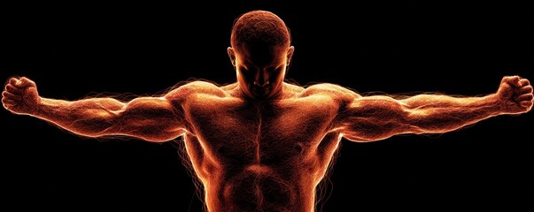 Obraz premium Muscle Cell, Muscular figure with arms outstretched against a dark background, emphasizing strength and power.