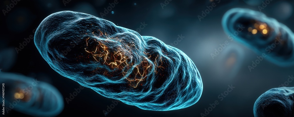 Poster microscopic view of bacteria with intricate details and glowing elements.
