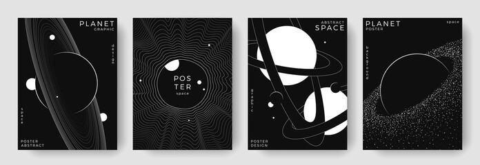 Set of abstract space astronomy backgrounds. Linear simple planet, galaxy, black hole. Black and white science future concept. Futuristic minimal design for cover, poster, banner, flyer, brochure, ads © Anastasiya Stoma