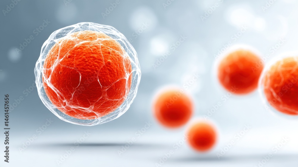 Poster abstract representation of cells with a focus on vibrant red tones and intricate details.