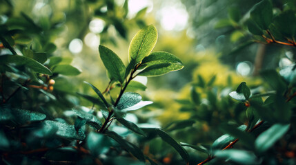 Close-up of vibrant green leaves, showcasing intricate leaf texture and natural light, symbolizing nature, freshness, and growth, ideal for eco-friendly or botanical themes