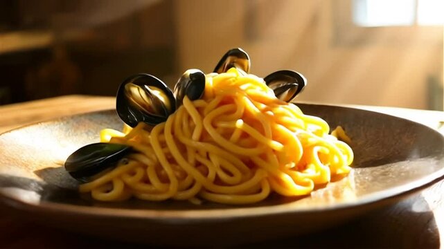 Golden Spaghetti with Black Mussels on Ceramic Plate Italian Seafood Cuisine Served Under Warm Light On Wooden Table Close Up