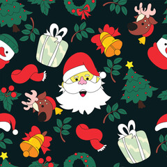 A unique seamless pattern in hand drawn lowbrow style with Christmas elements including Santa, gifts, snowflakes, and more. Perfect for seasonal design, packaging, and decoration use.