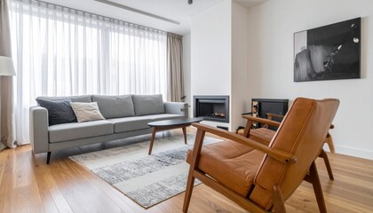 Brown leather chairs and grey sofa in room with fireplace Midcentury style home interior d