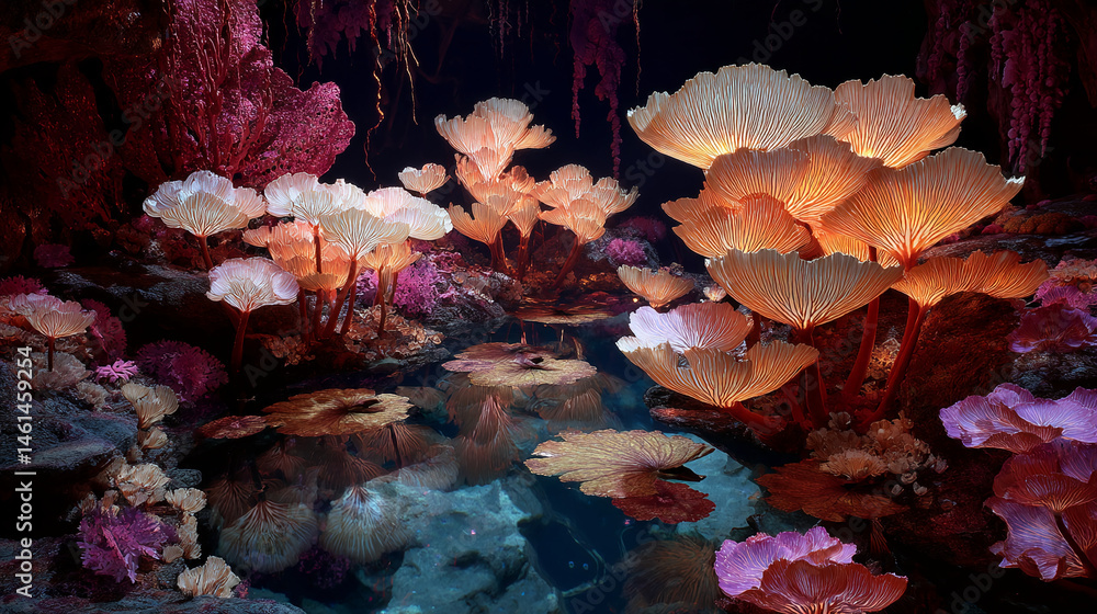 Poster glowing mushrooms and aquatic plants in a dark, underwater scene, creating a fantasy or surreal atmo