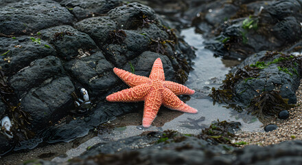 Starfish Resting on Rocky Shore as Tide Recedes PNG